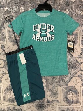 Under Armour boys size 7 Teal/Aqua Performance Tee and Shorts Set new